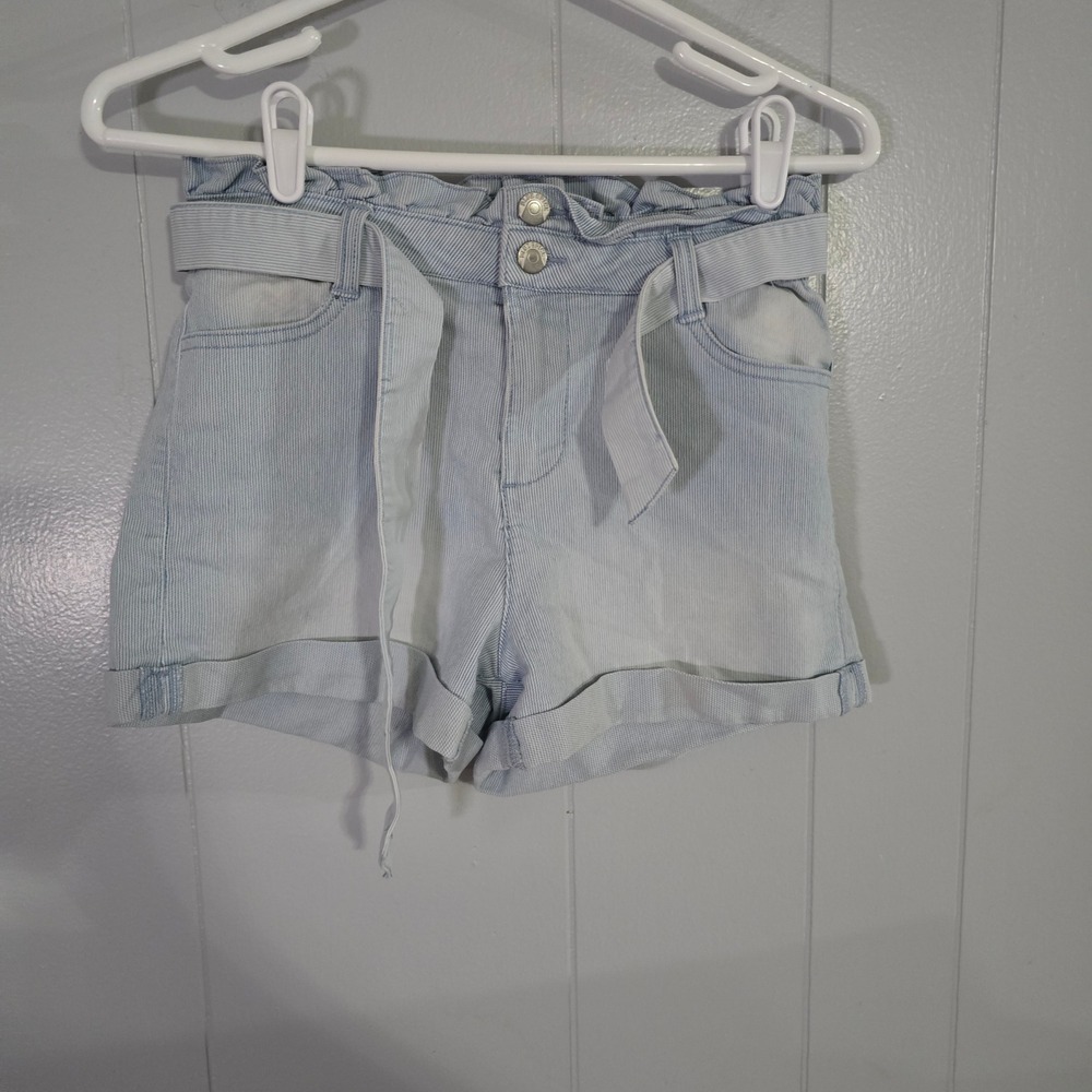 Blue Spice Pinstripe Paperbag Denim Shorts Womens 3 Blue‎ High Waist Belted